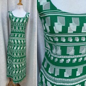 1960 Green with Metallic Goemetric Pattern Sleeveless Sheath Dress